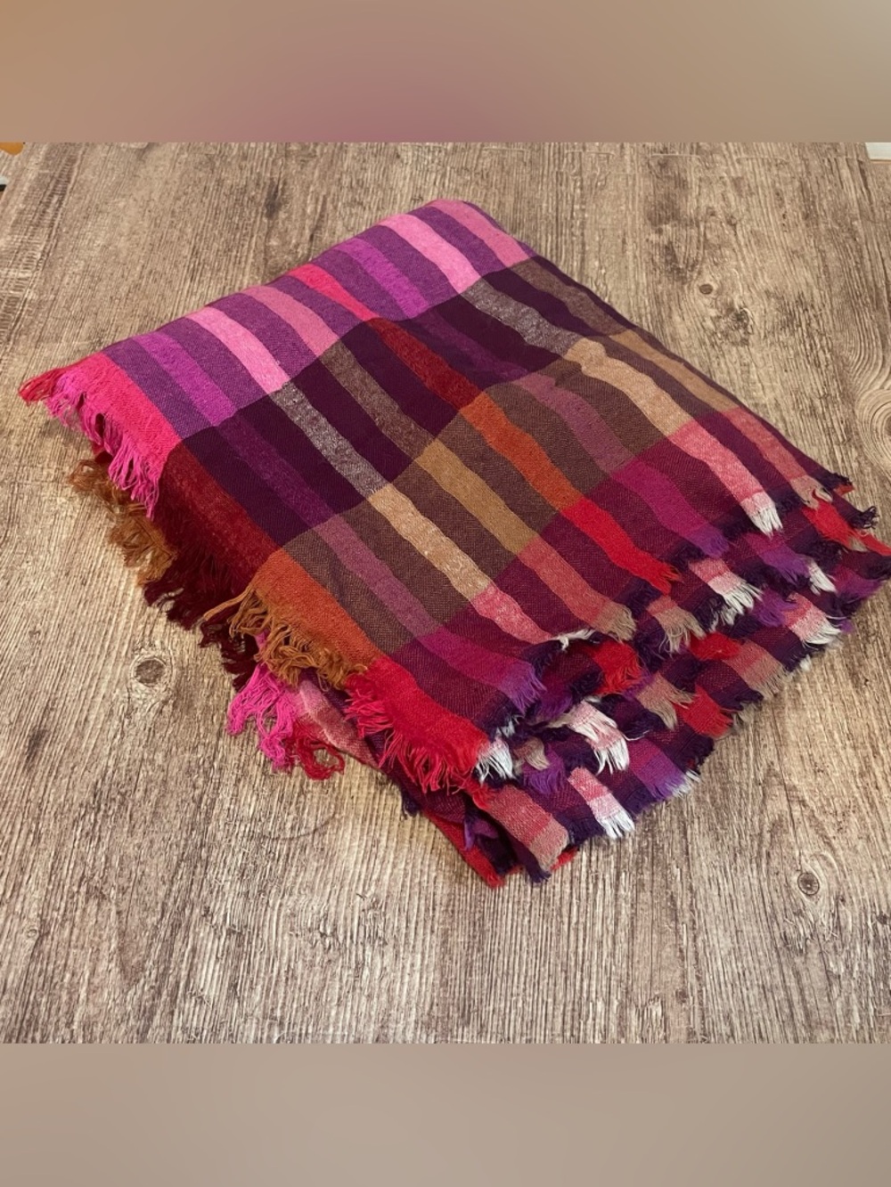 Echo New York Wool Blend Plaid Scarf Fringe Wrap Shawl Pink Purple Red